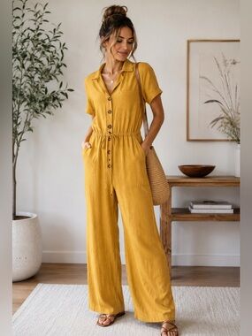 Fashion on Earth Mustard Yellow Linen Blend Utility Jumpsuit Size M